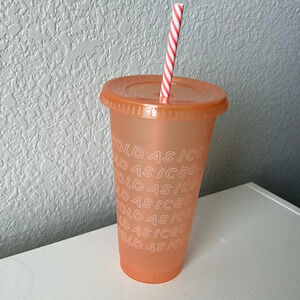 3/$24 Starbucks "Cold As Ice" Orange Reusable Cold Cup with Candy Cane Straw